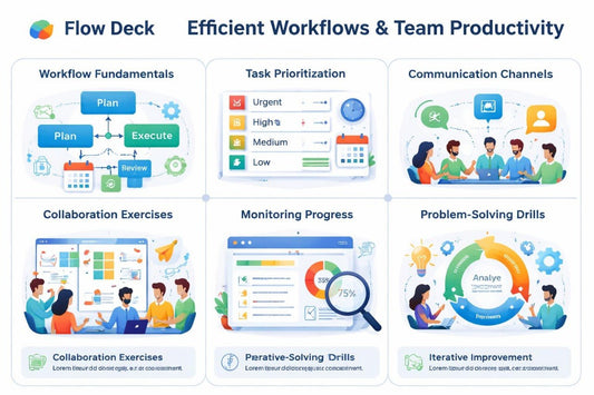Flow Deck infographic on efficient workflows and team productivity with various icons and text.