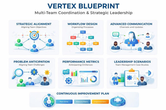 Vertex Blueprint for multi-team coordination and strategic leadership with various icons and text on a white background.
