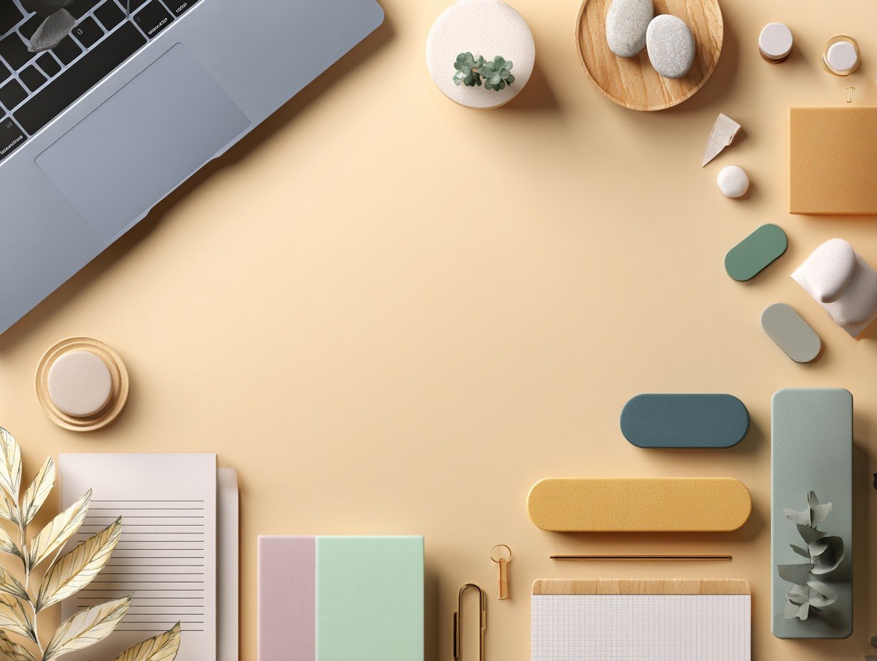 Colorful desk setup with a laptop, notebooks, and decorative items on a beige surface