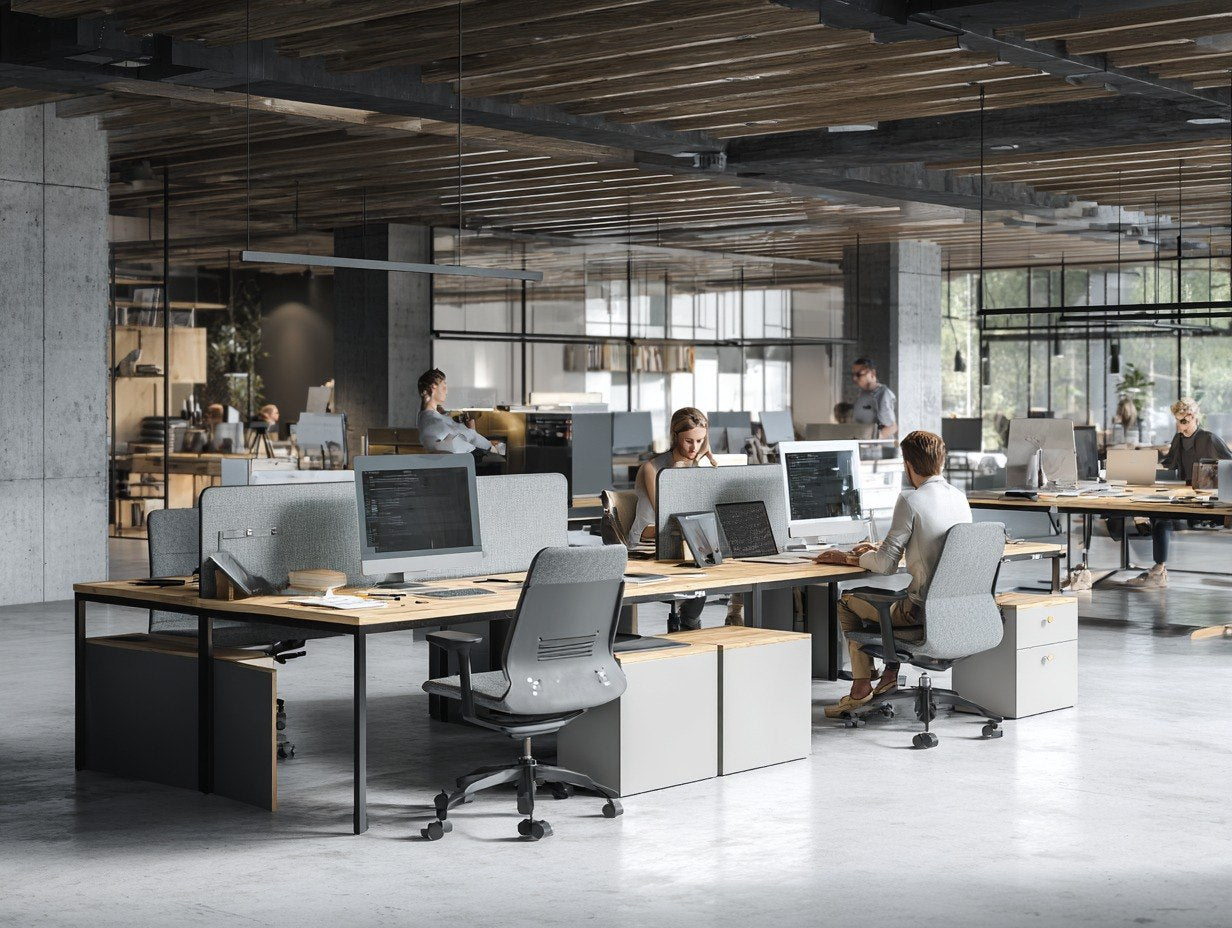Modern office space with employees working at their desks.