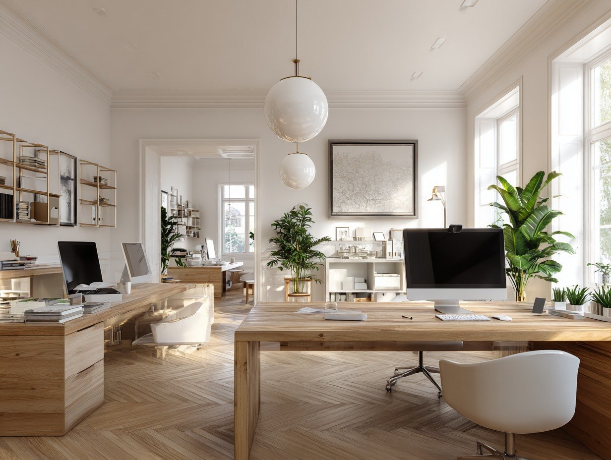 Modern office space with wooden desks, chairs, and large windows.