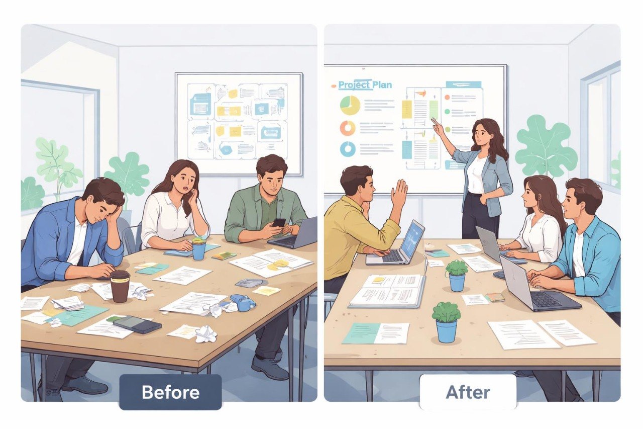 Before and after comparison of two office scenes with people working.