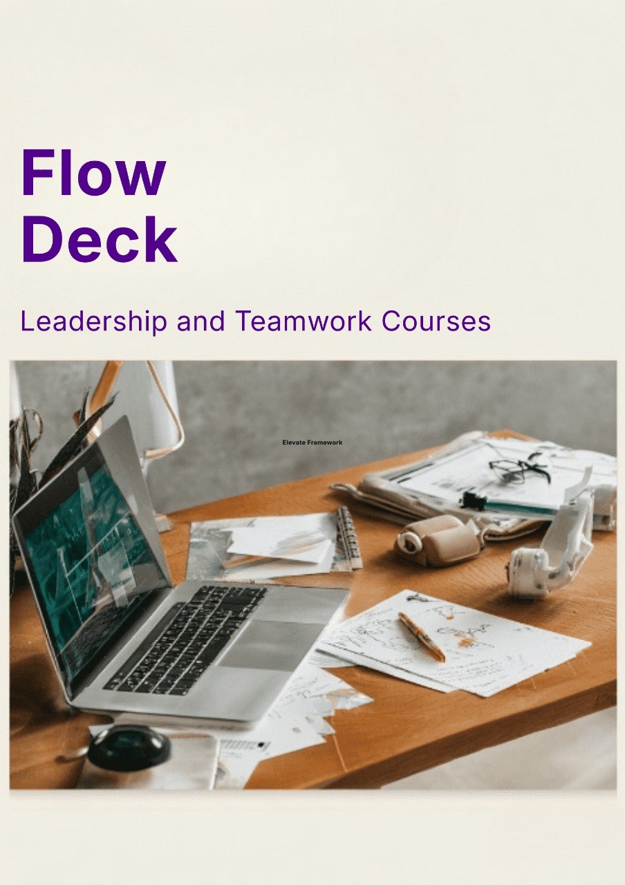 Laptop on a desk with papers and a cup, featuring 'Flow Deck' text for leadership and teamwork courses.