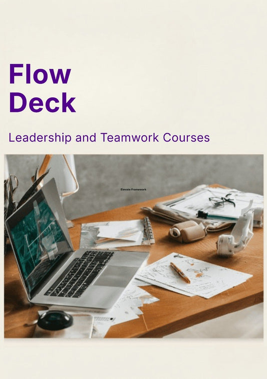 Laptop on a desk with papers and a cup, featuring 'Flow Deck' text for leadership and teamwork courses.