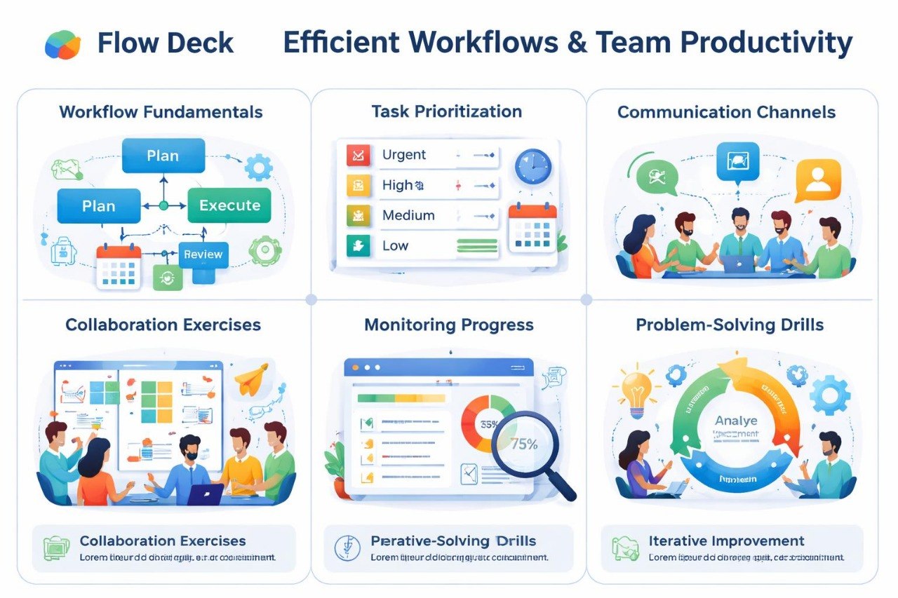 Flow Deck infographic on efficient workflows and team productivity with various icons and text.