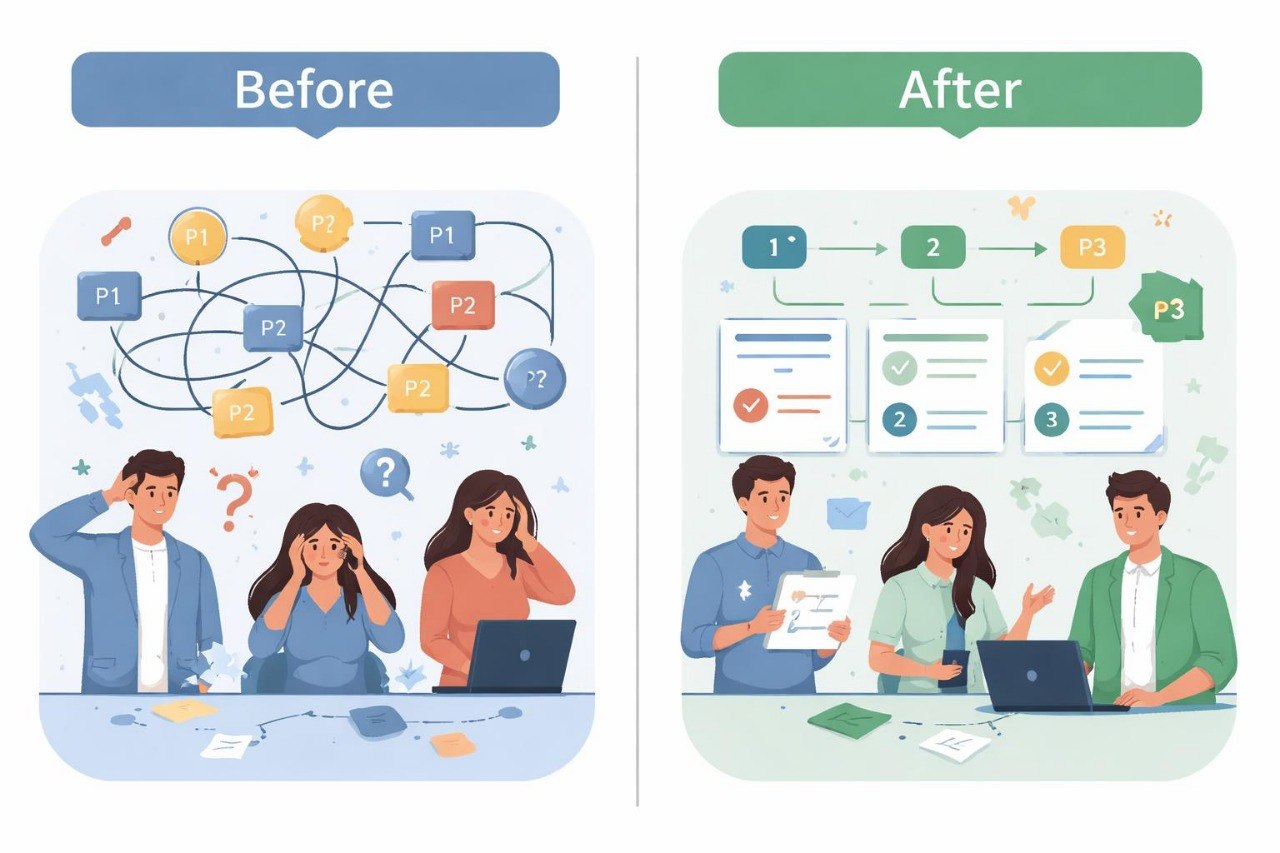 Before and after comparison of a team working on a project with clearer workflow diagram.