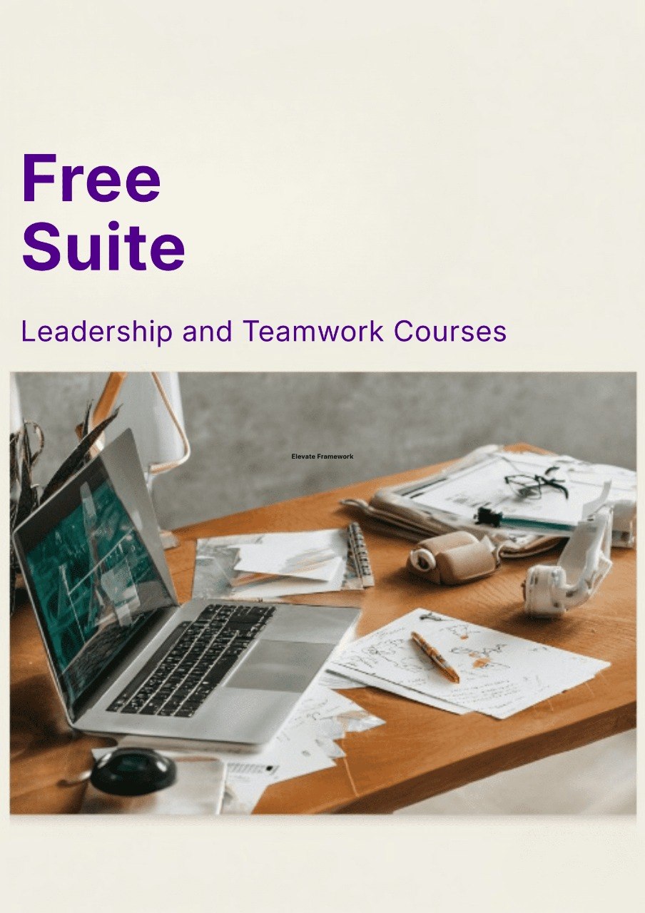 Promotional graphic for Free Suite leadership and teamwork courses with a laptop and papers on a desk.