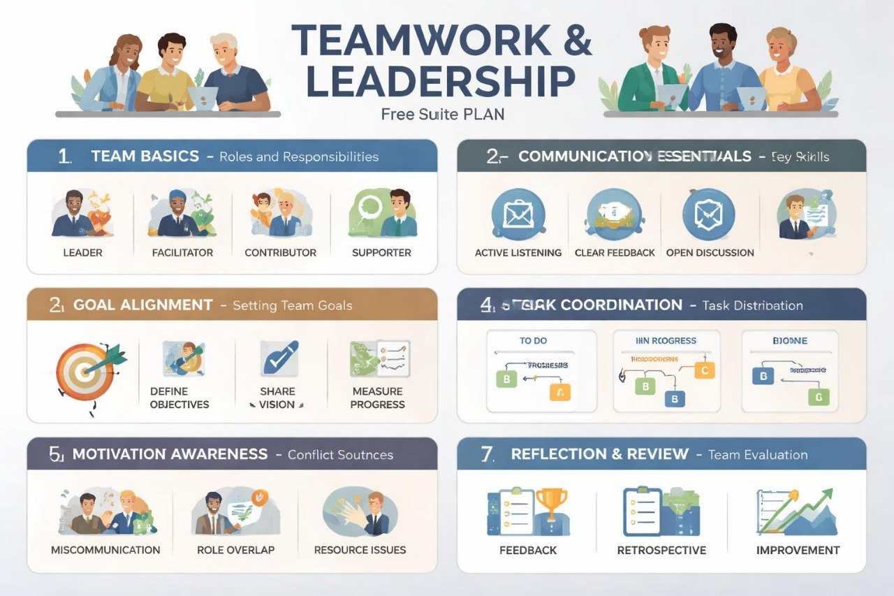 Infographic on teamwork and leadership with icons and text on a white background