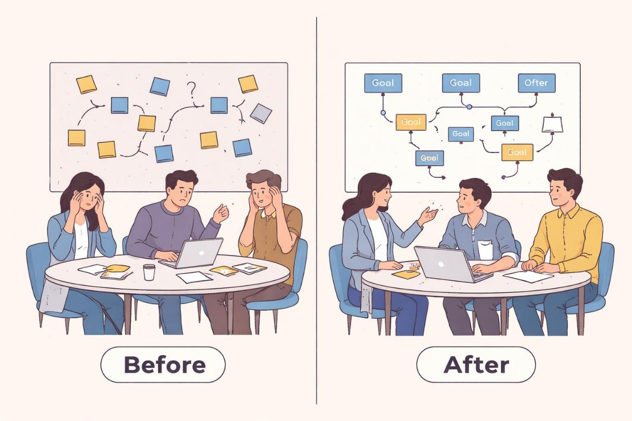 Illustration showing a team meeting 'Before' and 'After' using a mind mapping tool.