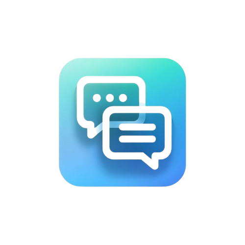 Gradient blue icon with two speech bubbles on a white background