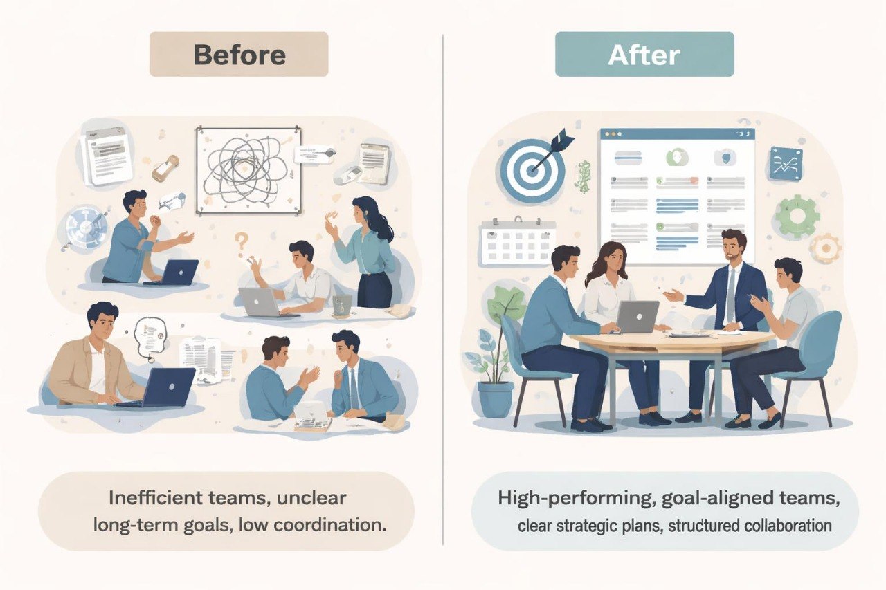 Illustration showing a before and after comparison of team dynamics and productivity.