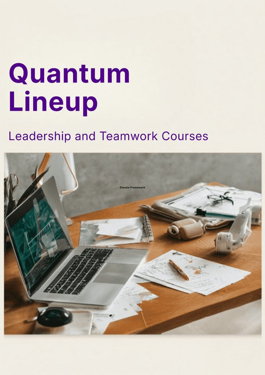 Promotional graphic for Quantum Lineup leadership and teamwork courses with a laptop and papers on a desk.