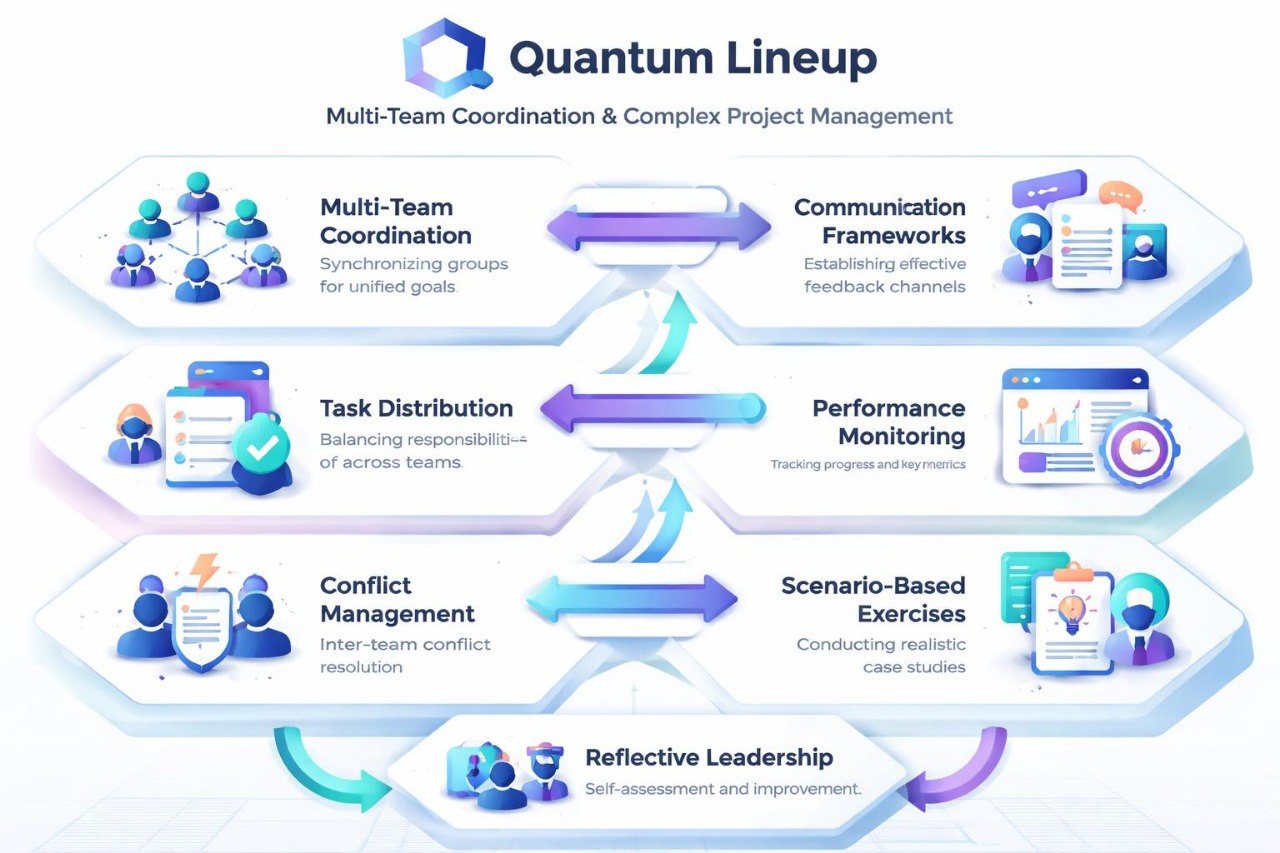 Quantum Lineup diagram for multi-team coordination and complex project management with icons and text.