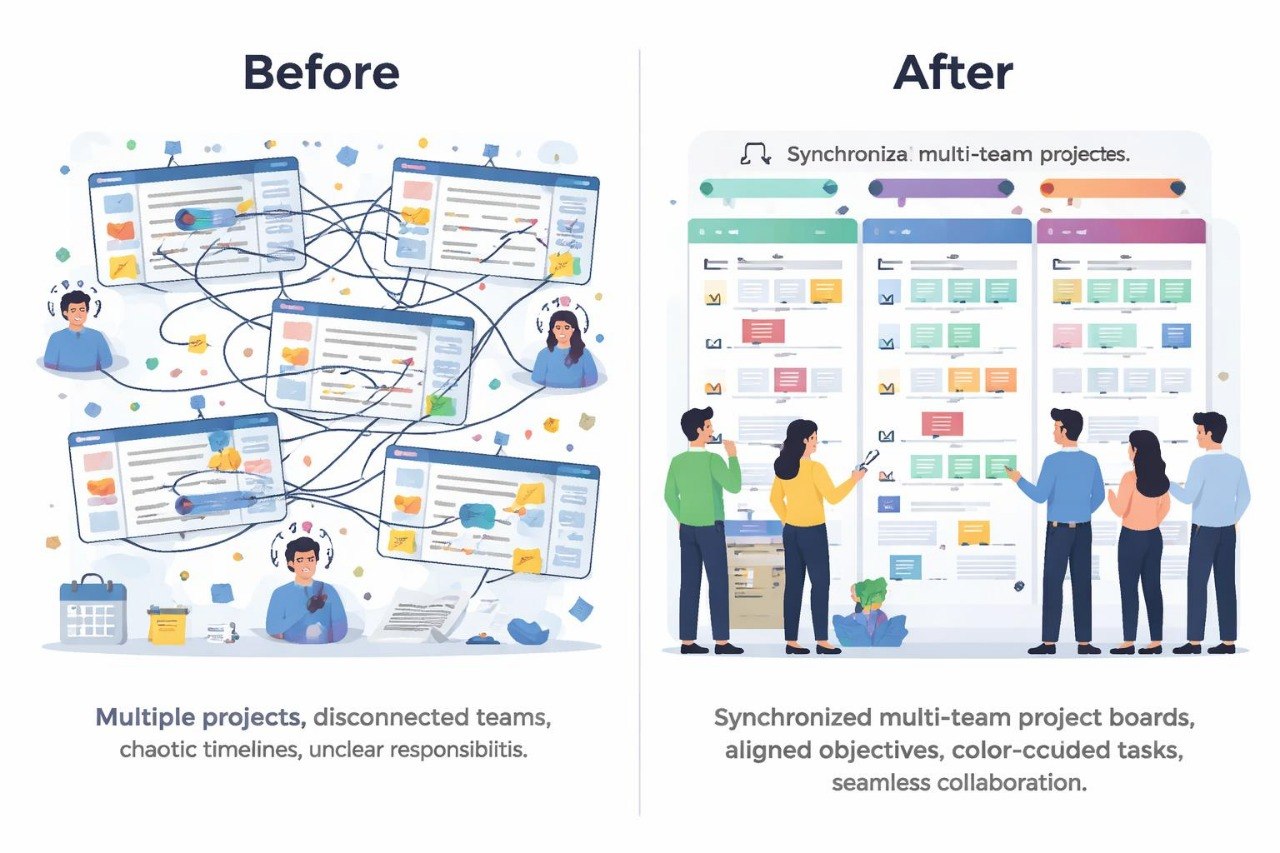 Before and after comparison of project management systems with people collaborating.