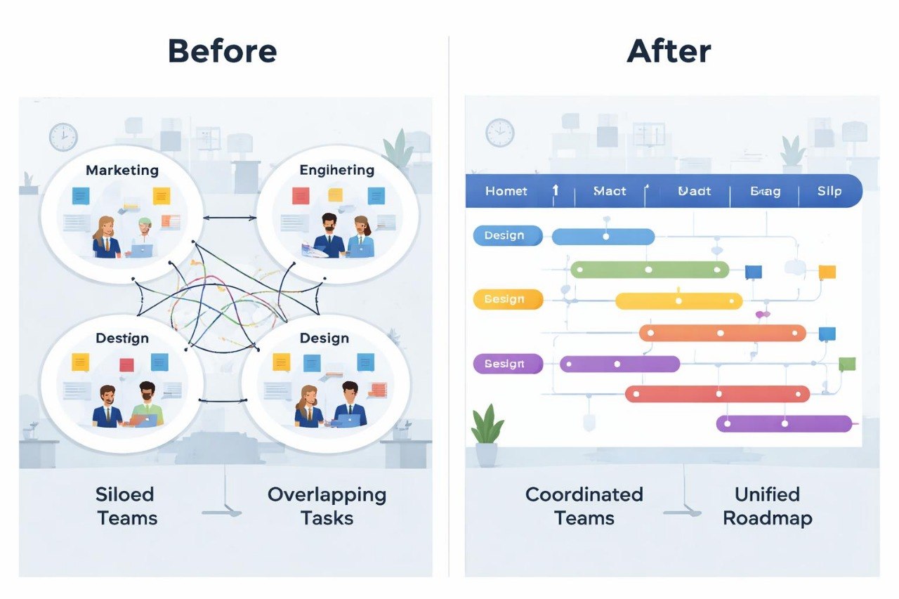 Comparison of siloed teams and overlapping tasks before and coordinated teams with unified roadmap after.